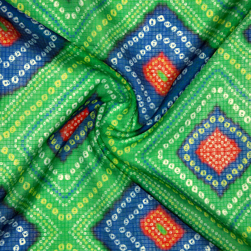 Royal Blue And Green Bandhani Pattern Digital Print Kota Doria Fabric - Fabcurate
