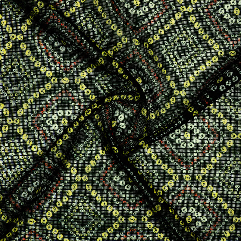 Black And Yellow Bandhani Patten Digital Print Kota Doria Fabric - Fabcurate