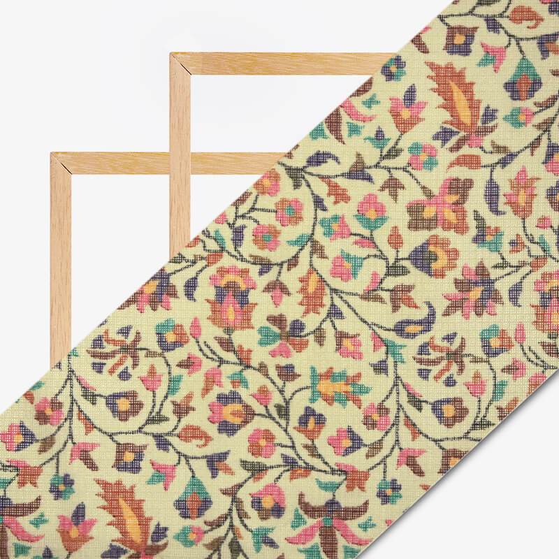 Multicolor Leaf Pattern Digital Print Kota Doria Fabric - Fabcurate