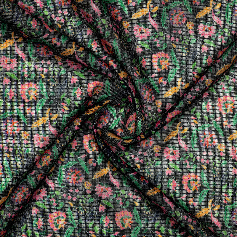 Black Multicolor Leaf Pattern Digital Print Kota Doria Fabric - Fabcurate