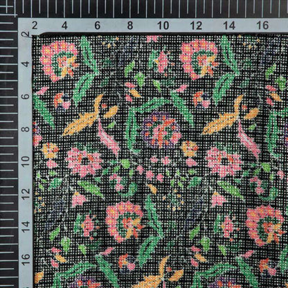 Black Multicolor Leaf Pattern Digital Print Kota Doria Fabric - Fabcurate