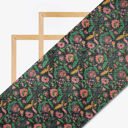 Black Multicolor Leaf Pattern Digital Print Kota Doria Fabric - Fabcurate