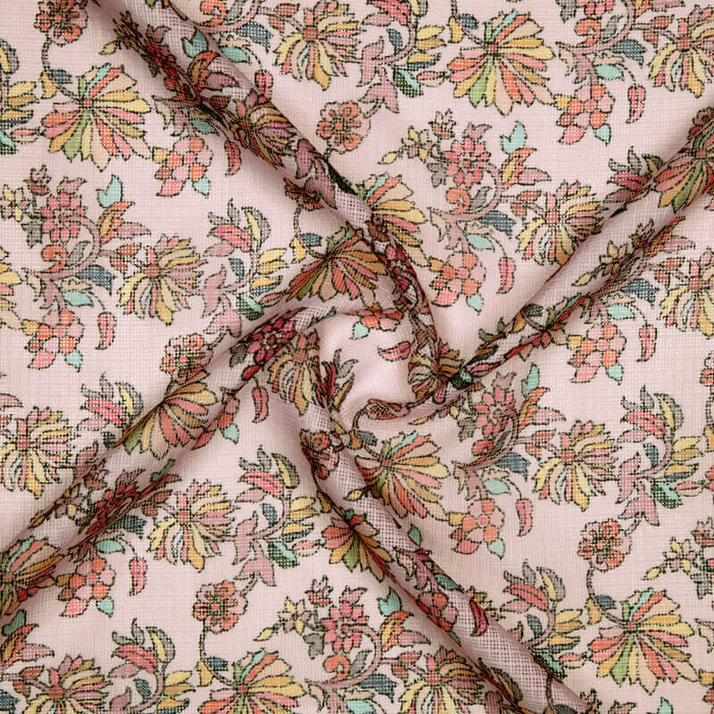 Baby Pink Multicolor Leaf Pattern Digital Print Kota Doria Fabric - Fabcurate