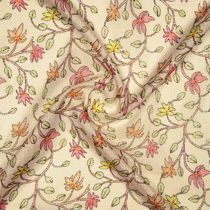 Cream And Orange Leaf Pattern Digital Print Kota Doria Fabric