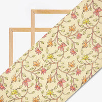 Cream And Orange Leaf Pattern Digital Print Kota Doria Fabric