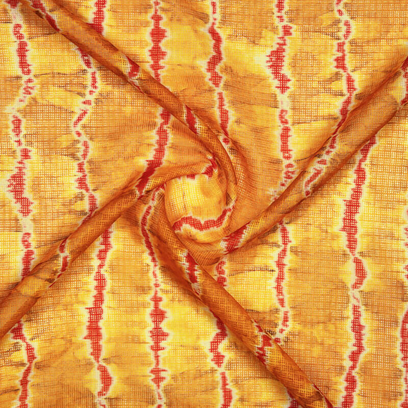 Yellow And Red Shibori Pattern Digital Print Kota Doria Fabric - Fabcurate