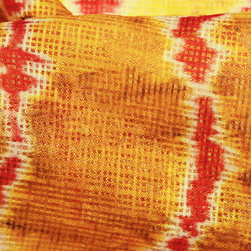 Yellow And Red Shibori Pattern Digital Print Kota Doria Fabric - Fabcurate