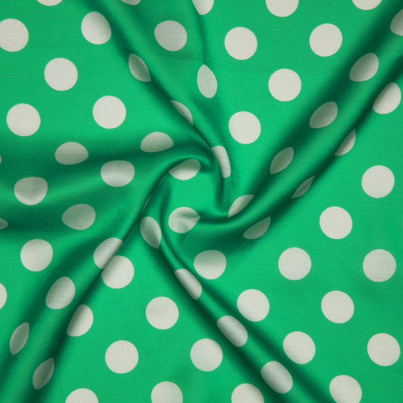 Green And White Polka Dots Digital Print Modal Satin Fabric