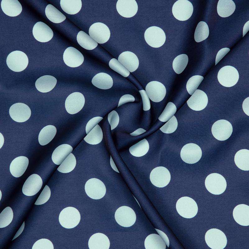 Navy Blue And Pastel Blue Polka Dots Digital Print Modal Satin Fabric - Fabcurate