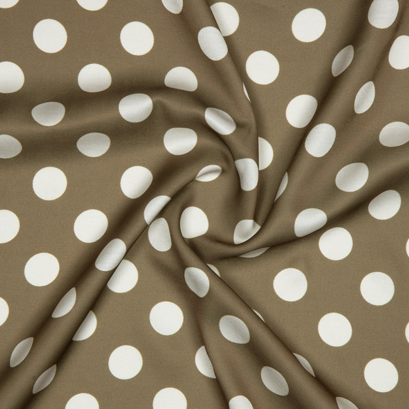 Brown And White Polka Dots Digital Print Modal Satin Fabric - Fabcurate