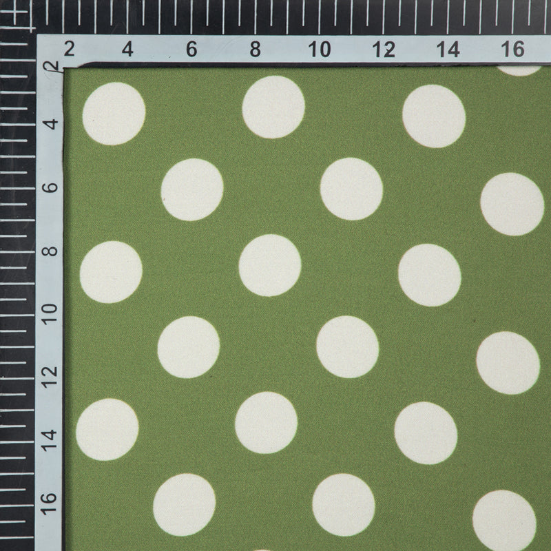 Olive And White Polka Dots Digital Print Modal Satin Fabric - Fabcurate