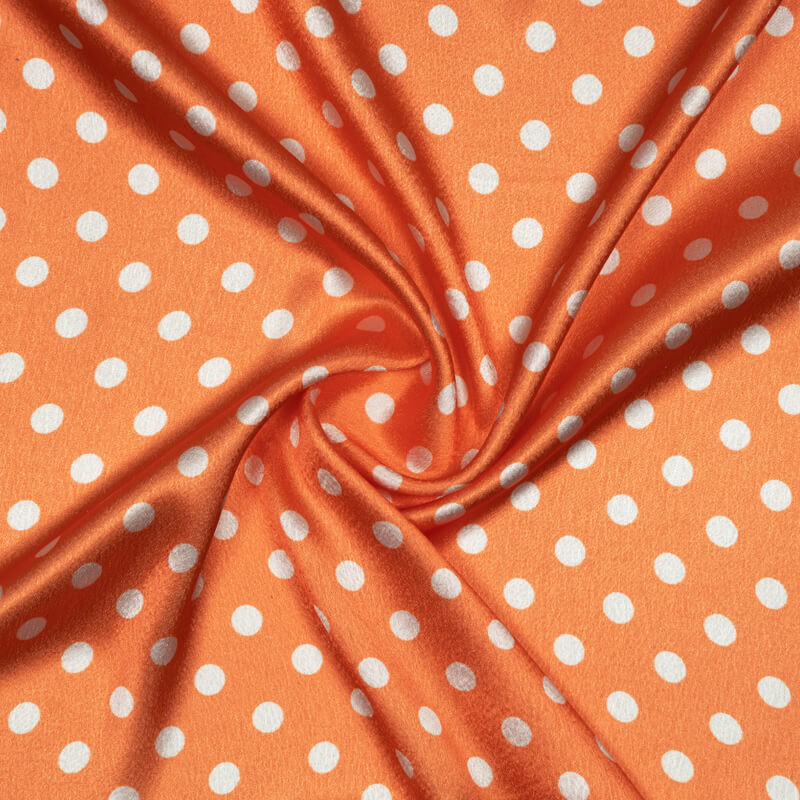Dark Orange And White Polka Dots Digital Print Japan Satin Fabric - Fabcurate