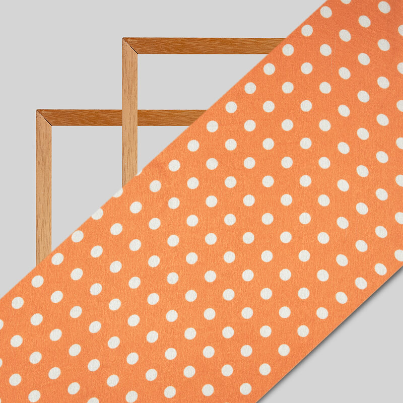 Dark Orange And White Polka Dots Digital Print Japan Satin Fabric - Fabcurate