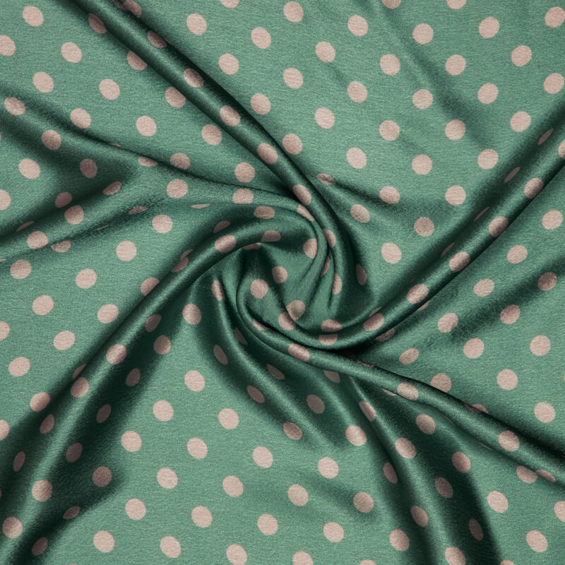 Pistachio Green And Beige Polka Dots Digital Print Japan Satin Fabric - Fabcurate