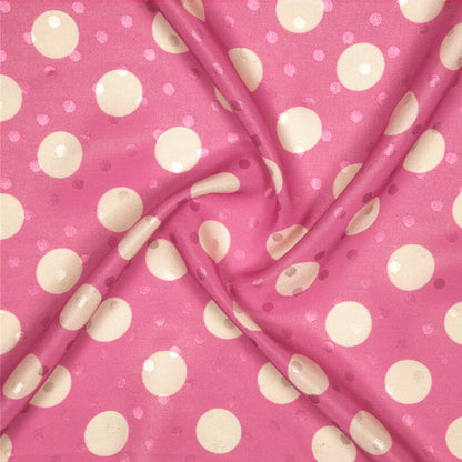 Taffy Pink And White Polka Dots Digital Print Premium Jacquard Booti Japan Satin Fabric (Width 56 Inches)