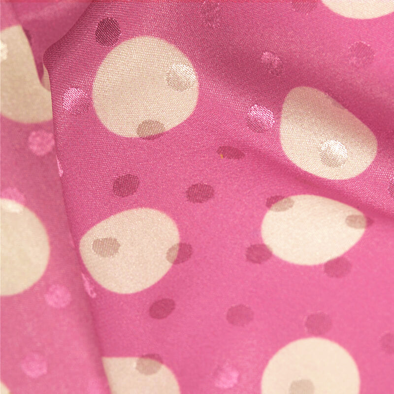 Taffy Pink And White Polka Dots Digital Print Premium Jacquard Booti Japan Satin Fabric (Width 56 Inches)