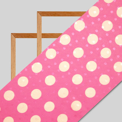Taffy Pink And White Polka Dots Digital Print Premium Jacquard Booti Japan Satin Fabric (Width 56 Inches)