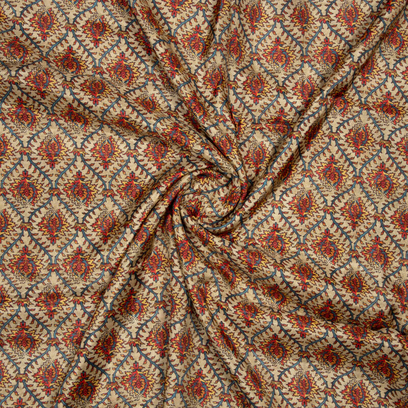 Beige Trellis Pattern Digital Print Viscose Muslin Fabric - Fabcurate