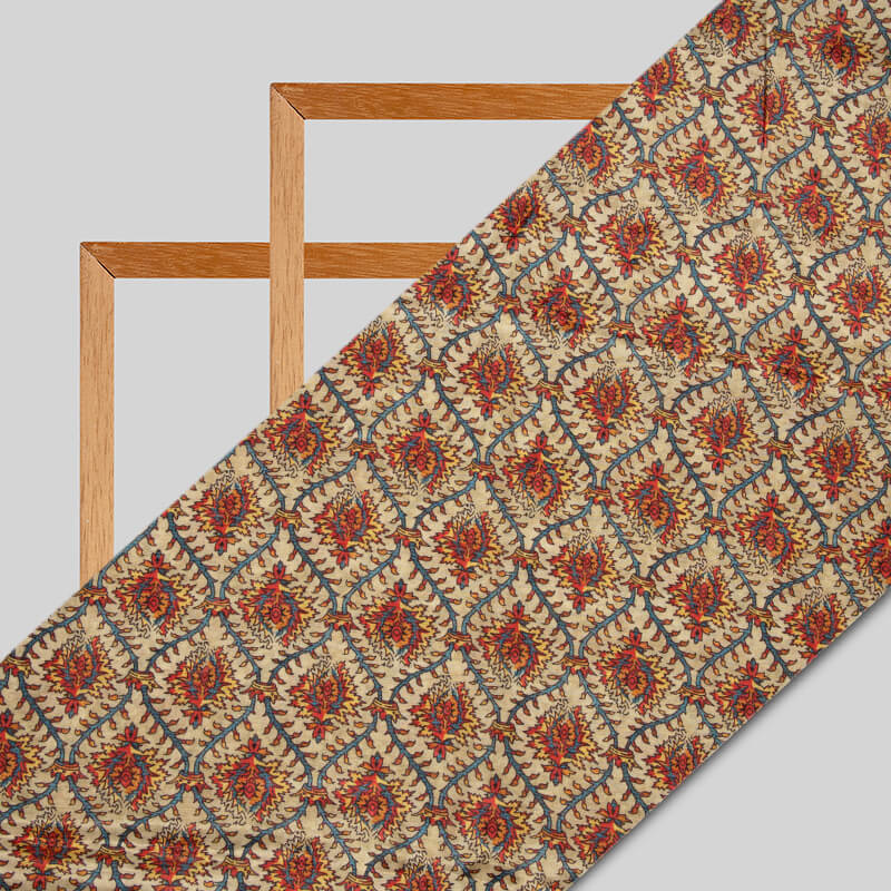 Beige Trellis Pattern Digital Print Viscose Muslin Fabric - Fabcurate