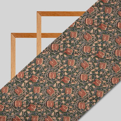 Bottle Green Kalamkrii Pattern Digital Print Viscose Muslin Fabric