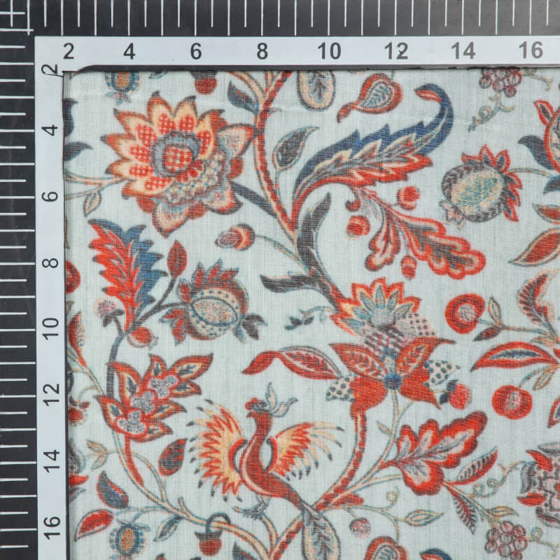 Light Blue Floral Pattern Digital Print Viscose Muslin Fabric - Fabcurate