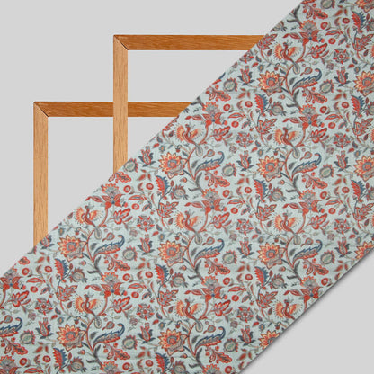 Light Blue Floral Pattern Digital Print Viscose Muslin Fabric - Fabcurate