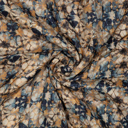 Navy Blue And Beige Abstract Pattern Digital Print Viscose Muslin Fabric - Fabcurate