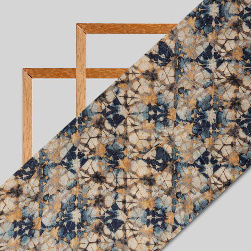 Navy Blue And Beige Abstract Pattern Digital Print Viscose Muslin Fabric - Fabcurate