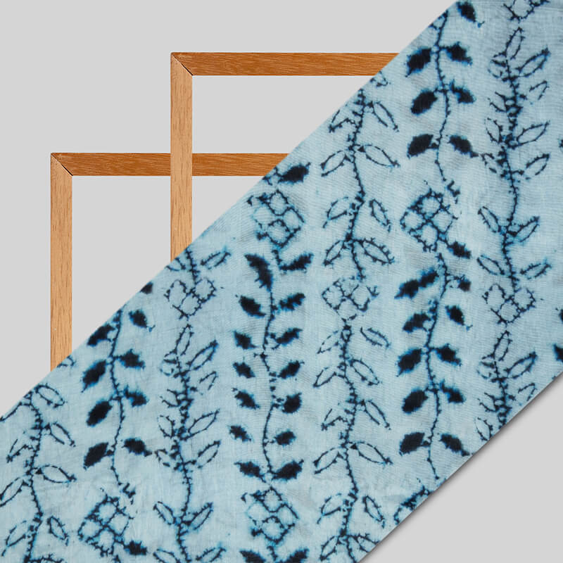 Sky Blue Shibori Pattern Digital Print Viscose Muslin Fabric - Fabcurate