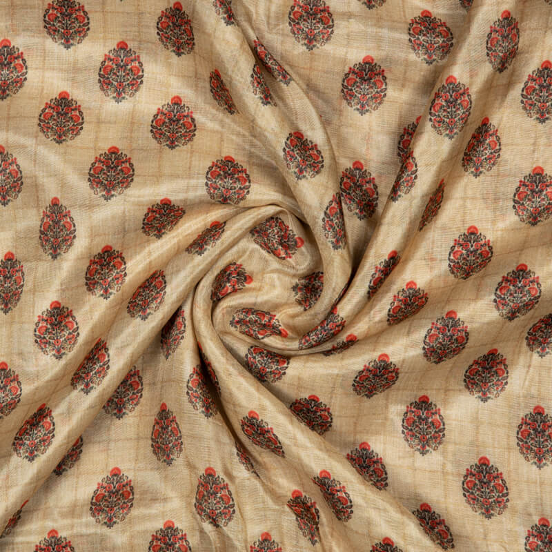 Beige Mughal Floral Pattern Digital Print Viscose Muslin Fabric - Fabcurate