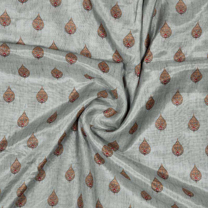 Light Grey Leaf Pattern Digital Print Viscose Muslin Fabric - Fabcurate