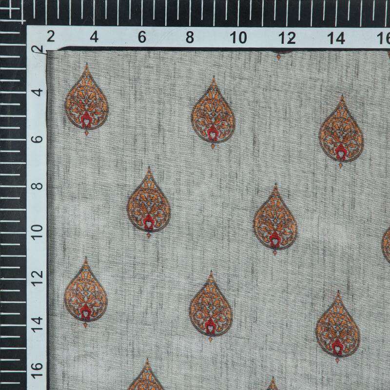 Light Grey Leaf Pattern Digital Print Viscose Muslin Fabric - Fabcurate
