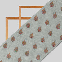 Light Grey Leaf Pattern Digital Print Viscose Muslin Fabric - Fabcurate