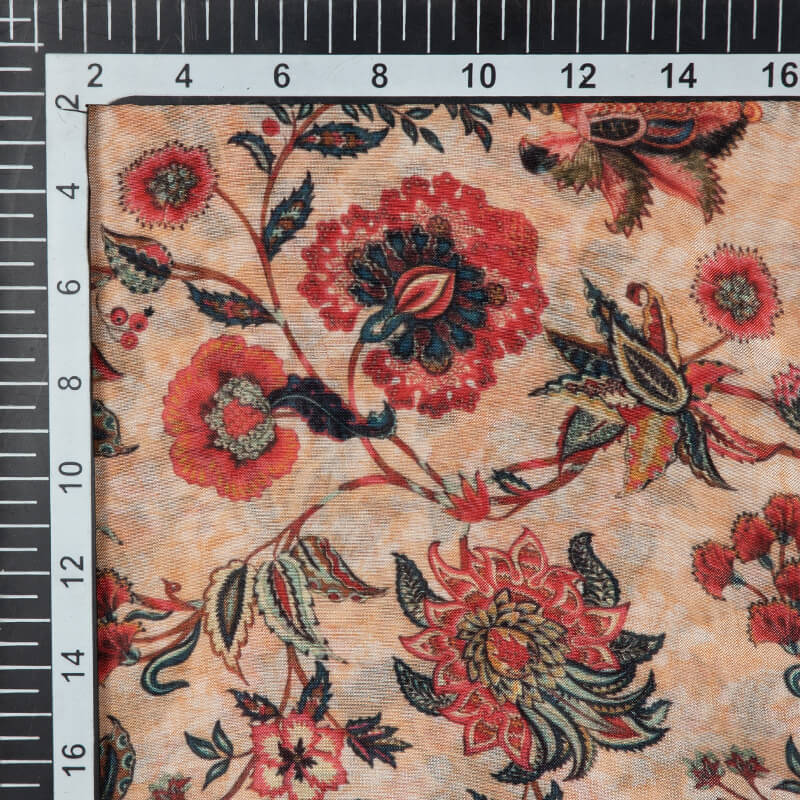 Peach Floral Pattern Digital Print Viscose Muslin Fabric - Fabcurate