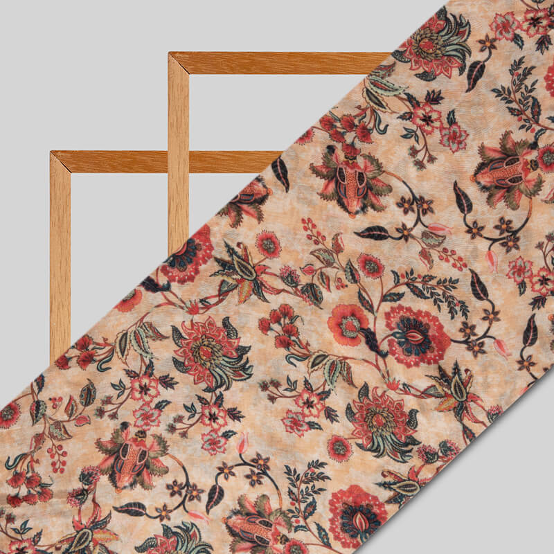 Peach Floral Pattern Digital Print Viscose Muslin Fabric - Fabcurate