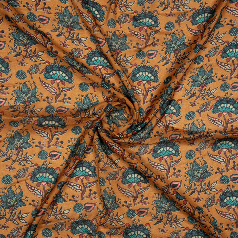 Mustard And Turquoise Floral Pattern Digital Print Viscose Muslin Fabric