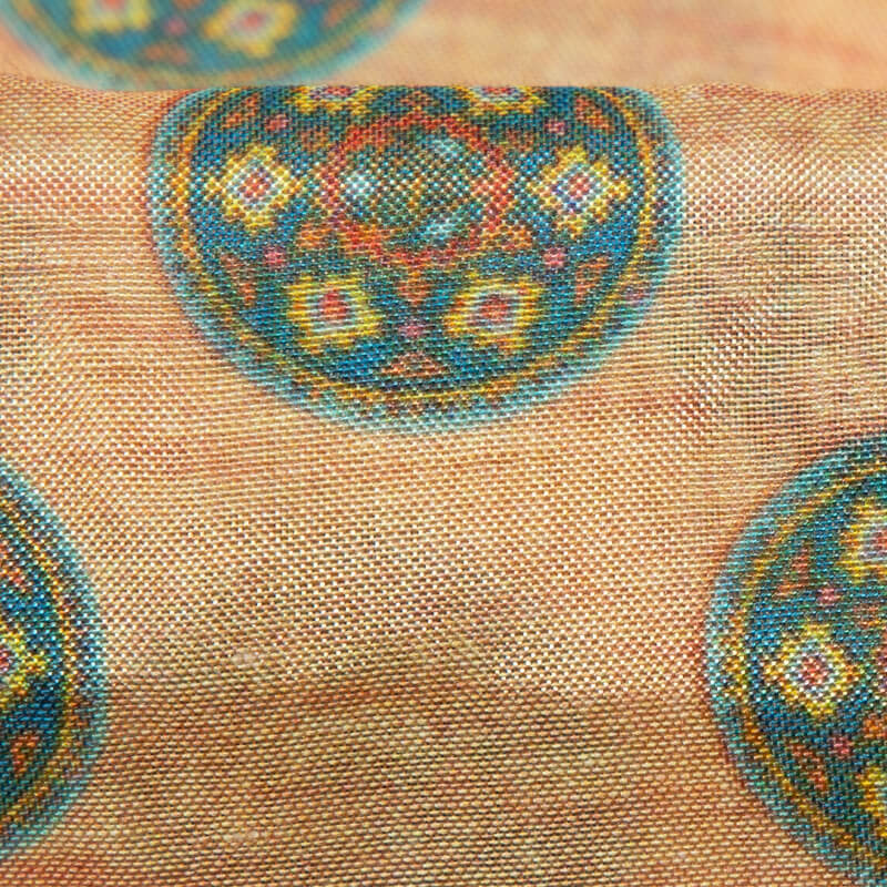 Peach And Turquoise Geometric Pattern Digital Print Viscose Muslin Fabric - Fabcurate