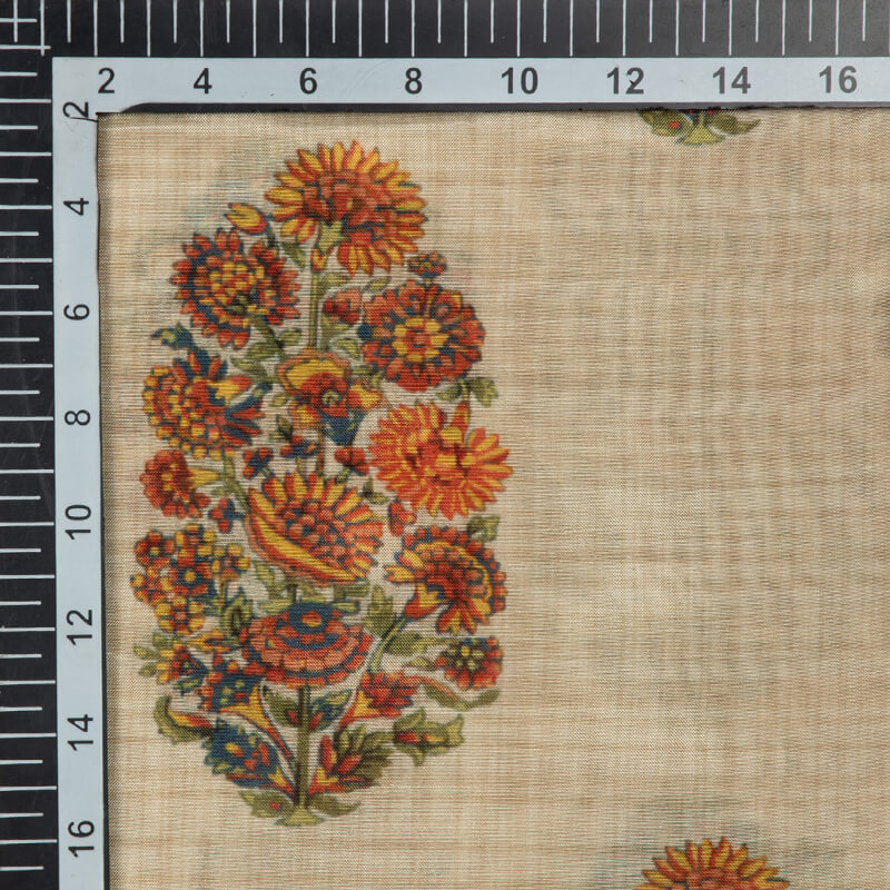 Beige Mughal Floral Pattern Digital Print Viscose Muslin Fabric - Fabcurate