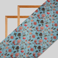 Pastel Blue Floral Pattern Digital Print Viscose Muslin Fabric - Fabcurate