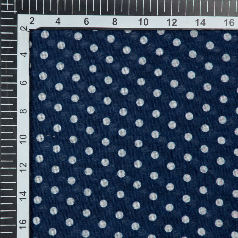 Navy Blue And White Polka Pattern Digital Print Viscose Muslin Fabric - Fabcurate