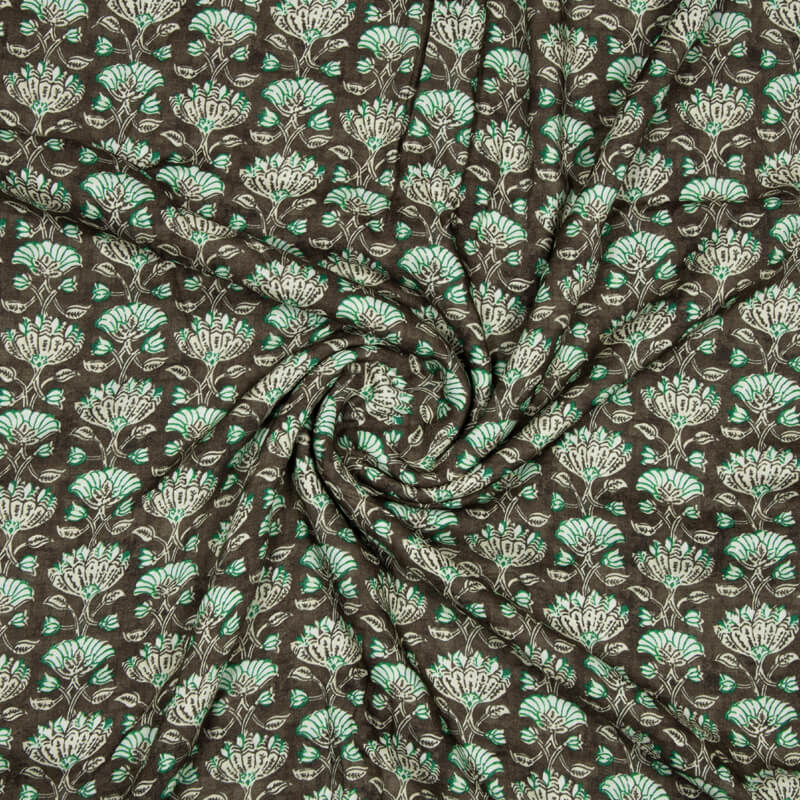Dark Brown And Green Kalamkari Pattern Digital Print Viscose Rayon Fabric - Fabcurate