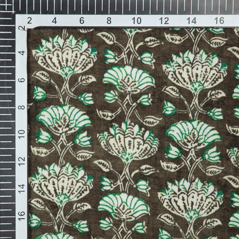 Dark Brown And Green Kalamkari Pattern Digital Print Viscose Rayon Fabric - Fabcurate