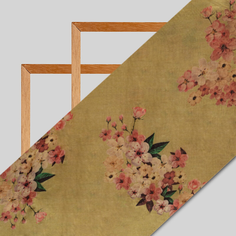 Mehendi Green Floral Pattern Digital Print Viscose Uppada Silk Fabric - Fabcurate