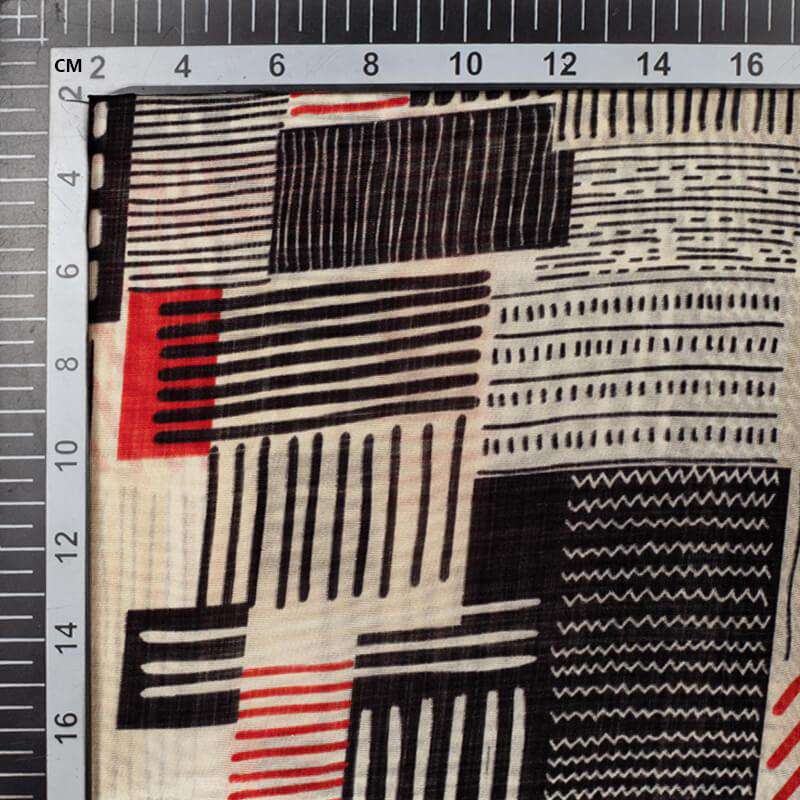 Cream And Black Geometric Pattern Digital Print Viscose Uppada Silk Fabric - Fabcurate