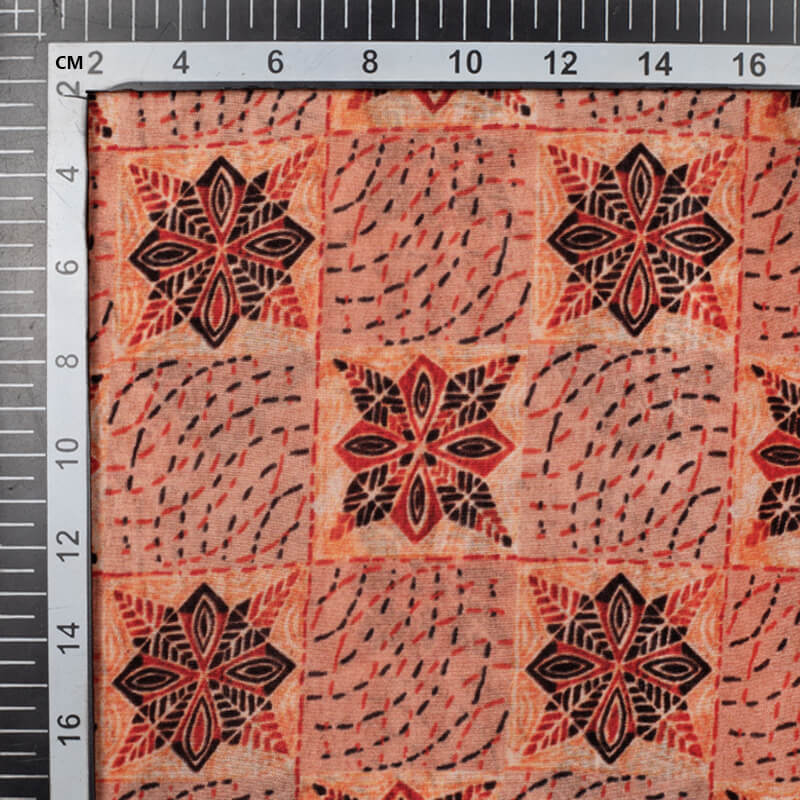 Peach Geometric Pattern Digital Print Viscose Uppada Silk Fabric - Fabcurate