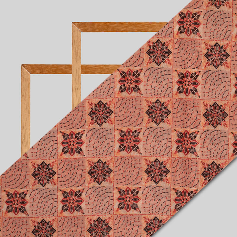 Peach Geometric Pattern Digital Print Viscose Uppada Silk Fabric - Fabcurate