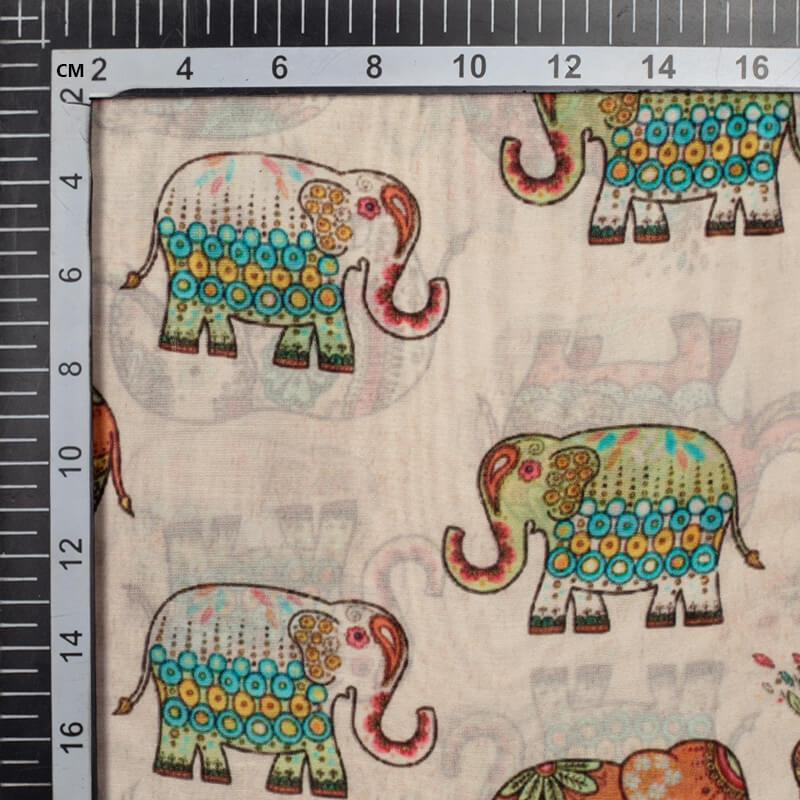 Beige Animal Pattern Digital Print Viscose Uppada Silk Fabric - Fabcurate