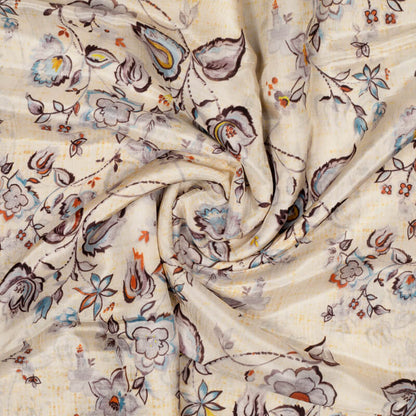 Off White Floral Pattern Digital Print Viscose Uppada Silk Fabric - Fabcurate