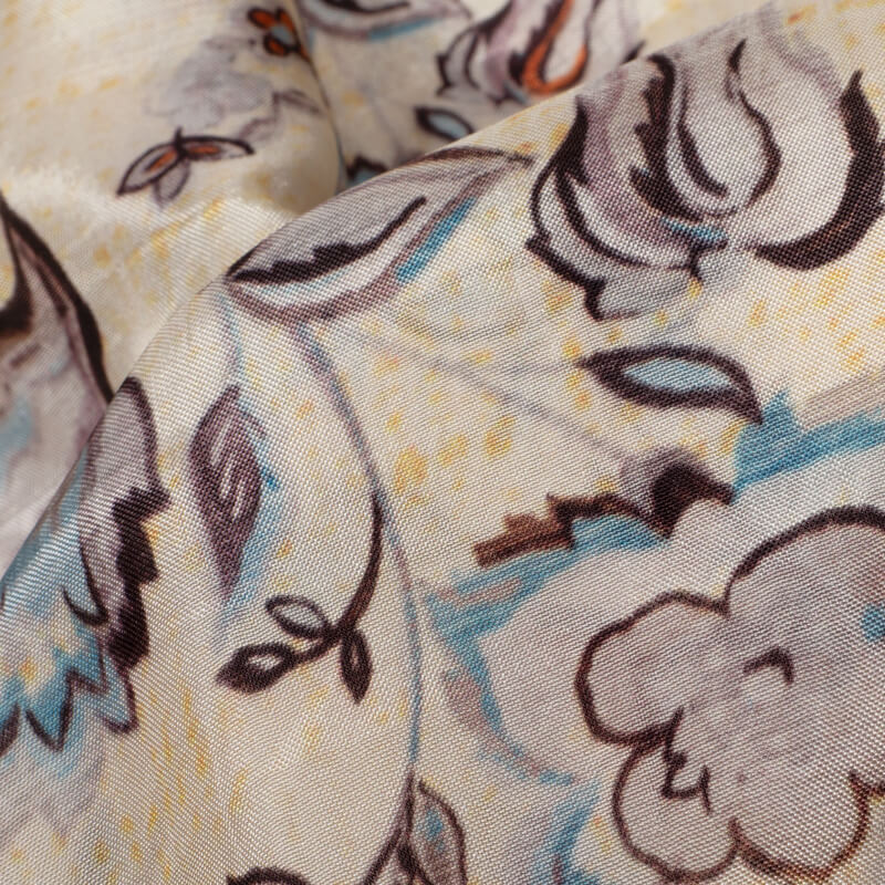 Off White Floral Pattern Digital Print Viscose Uppada Silk Fabric - Fabcurate