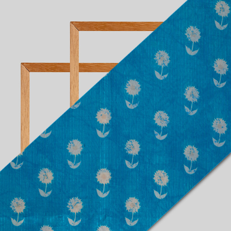 Sky Blue Floral Pattern Digital Print Viscose Uppada Silk Fabric - Fabcurate